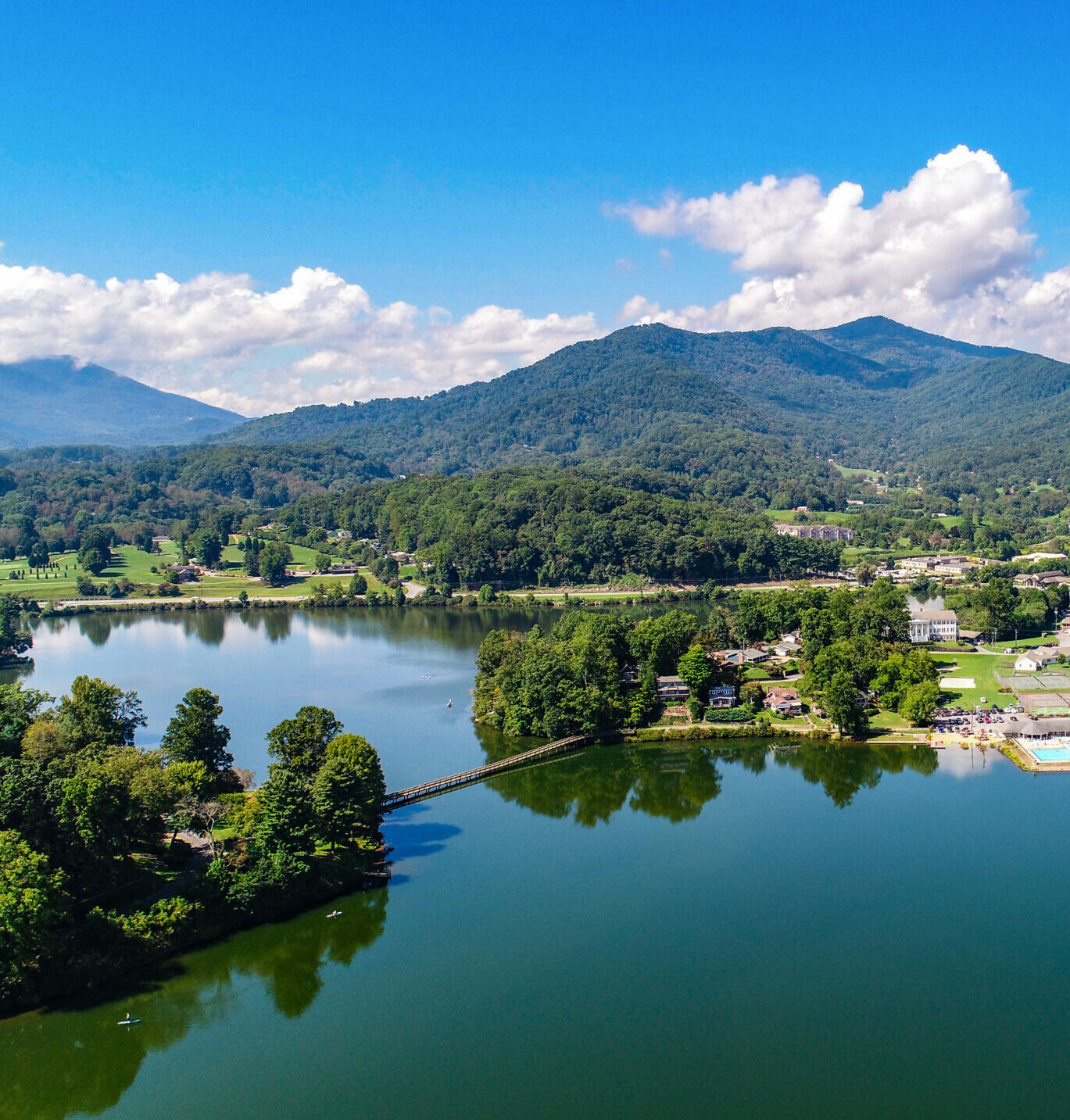 Lake Junaluska in North Carolina with mountain background.